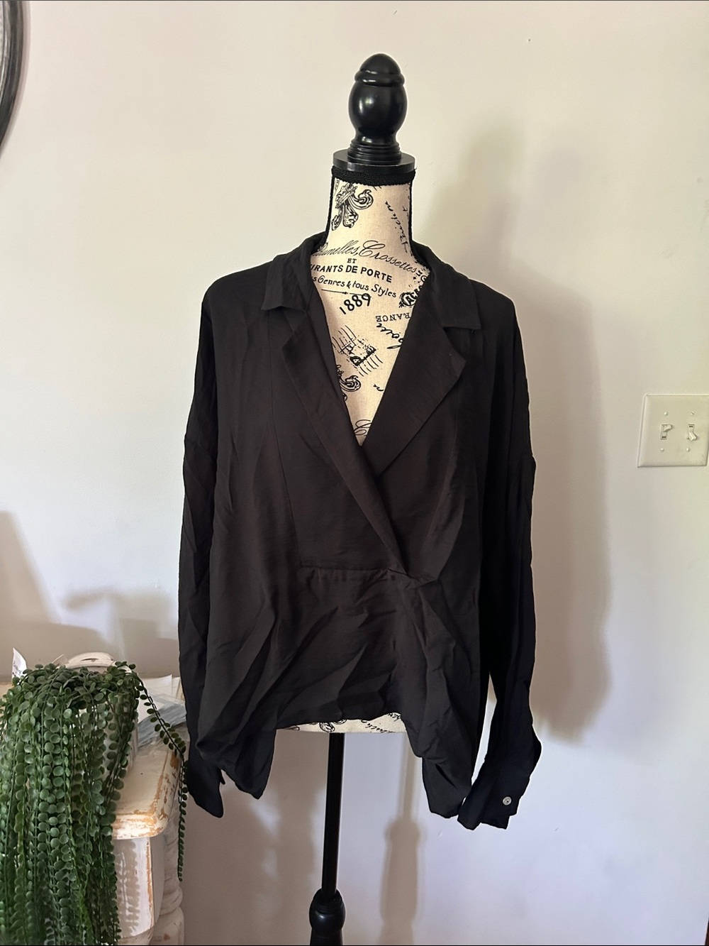 Anthropologie Dylon Long Sleeved Black Draped V-Neck Blouse - Picture 2 of 5